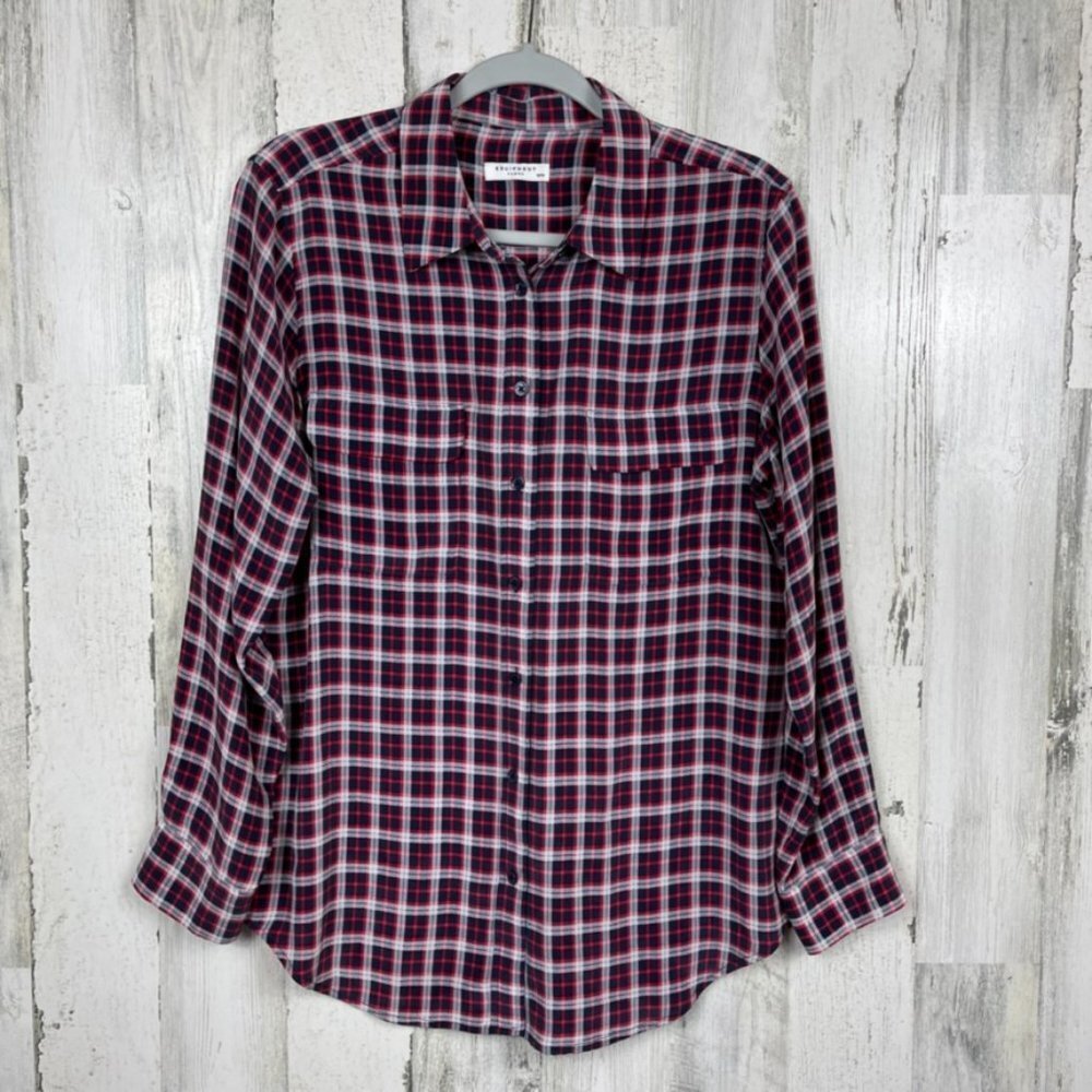 Equipment Femme Reese silk plaid button up blouse business casual red black M